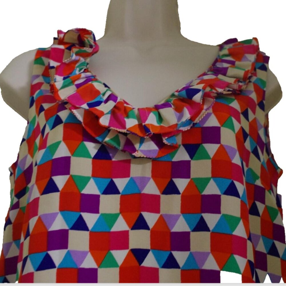 Kate Spade Abbey Multi-Color Geometric Print sleeveless ruffled blouse 2